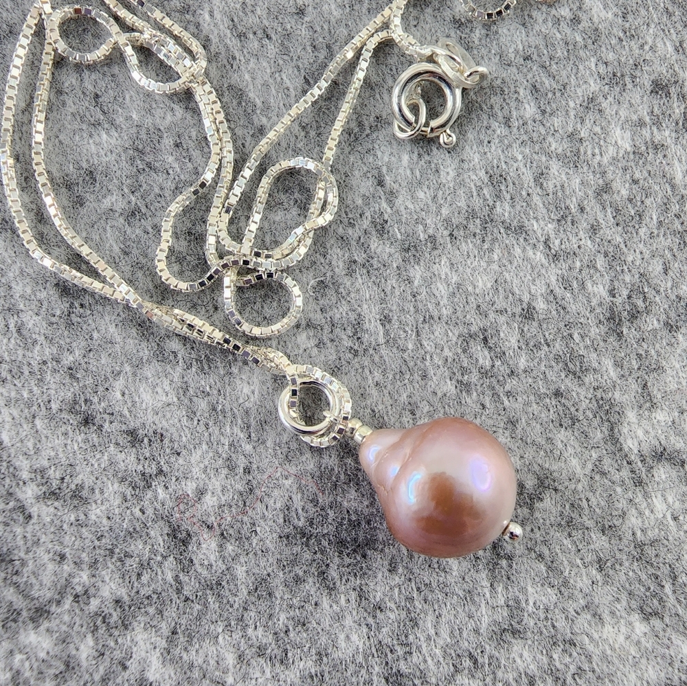 Blush pearl pendant necklace Italian 925 sterling silver large baroque pearl - Picture 2 of 8